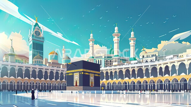 منظر الكعبة المشرفة ومآذن المسجد الحرام، أداء مناسك الحج والعمرة، ساحة الحرم المكي الشريف في مكة المكرمة، مفهوم العبادة والتقرب إلى الله، معالم دينية إسلامية مقدسة في المملكة العربية السعودية