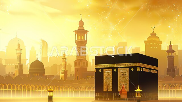 The minarets of the Grand Mosque overlooking the Holy Mosque in Mecca, performing Hajj and Umrah rituals, an illustration of the Holy Kaaba in golden color, the concept of worship and getting closer to God, sacred Islamic religious landmarks in the Kingdom of Saudi Arabia