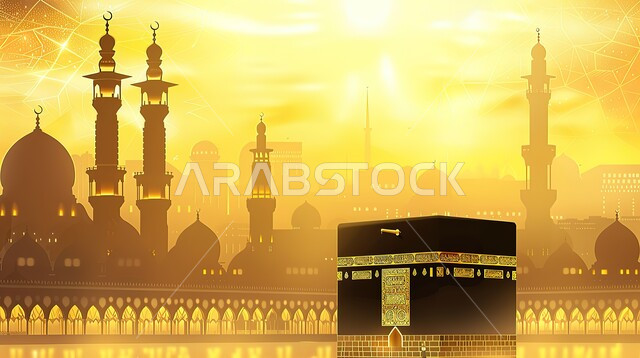 مآذن المسجد الحرام المطلة على الحرم المكي الشريف في مكة المكرمة، أداء مناسك الحج والعمرة، رسم توضيحي للكعبة المشرفة باللون الذهبي، مفهوم العبادة والتقرب إلى الله، معالم دينية إسلامية مقدسة في المملكة العربية السعودية