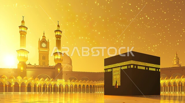 مآذن المسجد الحرام المطلة على الحرم المكي الشريف في مكة المكرمة، أداء مناسك الحج والعمرة، رسم توضيحي للكعبة المشرفة باللون الذهبي، مفهوم العبادة والتقرب إلى الله، معالم دينية إسلامية مقدسة في المملكة العربية السعودية