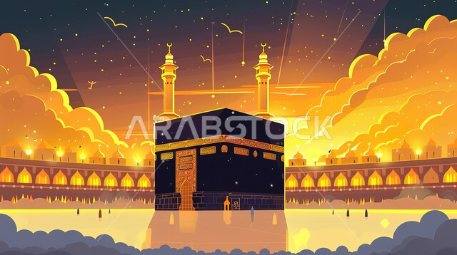 مآذن المسجد الحرام المطلة على الحرم المكي الشريف في مكة المكرمة، أداء مناسك الحج والعمرة، رسم توضيحي للكعبة المشرفة باللون الذهبي، مفهوم العبادة والتقرب إلى الله، معالم دينية إسلامية مقدسة في المملكة العربية السعودية