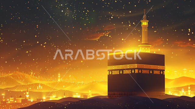 مآذن المسجد الحرام المطلة على الحرم المكي الشريف في مكة المكرمة، أداء مناسك الحج والعمرة، رسم توضيحي للكعبة المشرفة باللون الذهبي، مفهوم العبادة والتقرب إلى الله، معالم دينية إسلامية مقدسة في المملكة العربية السعودية