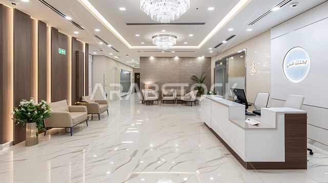 استخدام التقنيات الحديثة المتطورة, أثاث راقي بالألوان الدافئة ,تصميم داخلي فاخر للعيادات في المملكة, عيادة سعودية مجهزة بديكورات حديثة، التقنيات الطبية المتطورة, قسم الاستقبال والاستعلامات في أحد المراكز الطبيه, مهن ووظائف مكتبية