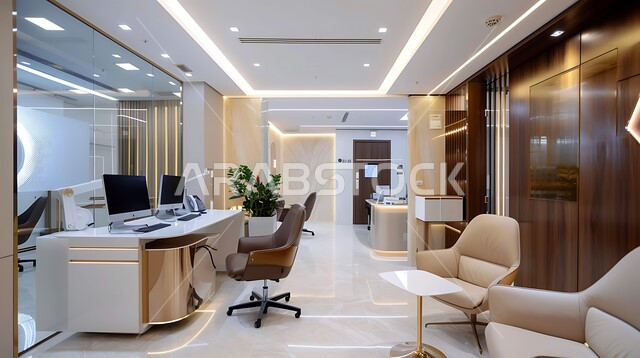 استخدام التقنيات الحديثة المتطورة, أثاث راقي بالألوان الدافئة ,تصميم داخلي فاخر للعيادات في المملكة, عيادة سعودية مجهزة بديكورات حديثة، التقنيات الطبية المتطورة, قسم الاستقبال والاستعلامات في أحد المراكز الطبيه, مهن ووظائف مكتبية
