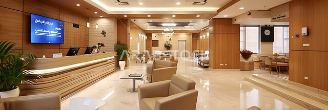 Luxurious interior design for clinics in the Kingdom, a panoramic image of a Saudi clinic equipped with modern decorations, advanced medical technologies, a reception and information department in a medical center, upscale furniture in warm colors
