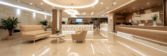 تصميم داخلي فاخر للعيادات في المملكة, صورة بانورامية لعيادة سعودية مجهزة بديكورات حديثة، التقنيات الطبية المتطورة, قسم الاستقبال والاستعلامات في أحد المراكز الطبيه, أثاث راقي بالألوان الدافئة