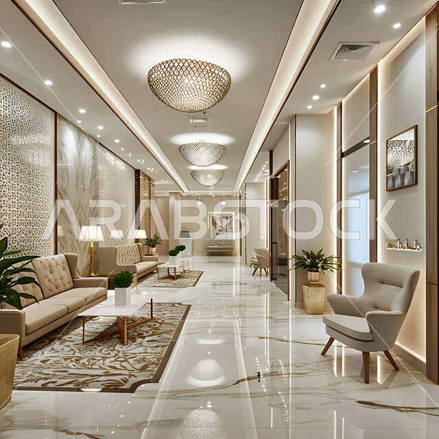 عيادة سعودية مجهزة بديكورات حديثة، التقنيات الطبية المتطورة, قسم الاستقبال والاستعلامات في أحد المراكز الطبيه, تصميم داخلي فاخر للعيادات في المملكة, أثاث راقي بالألوان الدافئة