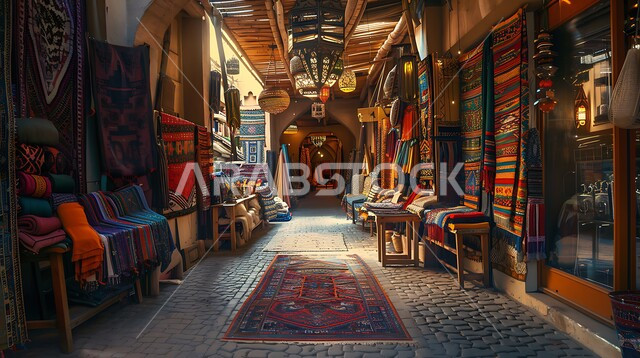 Traditional handicraft heritage art, distinct local and national products, luxurious embroidery on colorful fabrics in popular markets in the Kingdom of Saudi Arabia, textiles with distinctive patterns and decorations, the concept of trade and cultural exchange between countries.