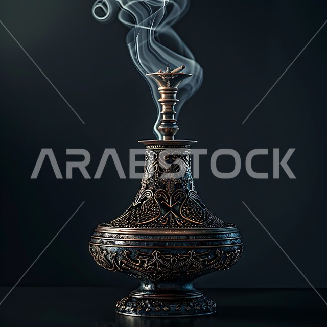  أصالة العادات والتقاليد في المملكة العربية السعودية، منتج محلي وطني سعودي, صورة مقربة لمبخرة تقليدية مزخرفة في مكان تراثي, التعطر والتطيب باطيب الروائح والعطور، منظر الدخان المنتشر من البخور، خشب العود الفاخر والفحم