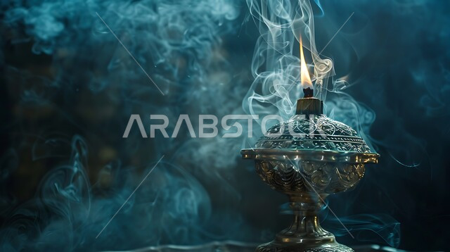 أصالة العادات والتقاليد في المملكة العربية السعودية، منظر الدخان المنتشر من البخور، خشب العود الفاخر والفحم، منتج وطني محلي سعودي، التعطر والتطيب باطيب الروائح والعطور، صورة مقربة لمبخرة تقليدية مزخرفة في مكان تراثي