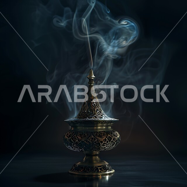 The view of smoke spreading from incense, luxurious agarwood and charcoal, a local Saudi national product, the authenticity of customs and traditions in the Kingdom of Saudi Arabia, perfuming and perfuming with the best scents and perfumes, a close-up of a traditional decorated incense burner in a heritage place