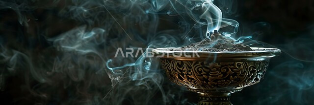 منتج وطني محلي سعودي، منظر الدخان المنتشر من البخور، أصالة العادات والتقاليد في المملكة العربية السعودية، التعطر والتطيب باطيب الروائح والعطور، خشب العود الفاخر والفحم، صورة بانورامية لمبخرة تقليدية مزخرفة في مكان تراثي