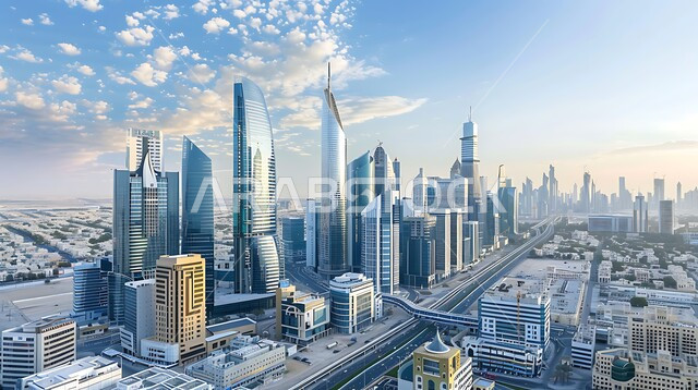 Towers, buildings and commercial facilities during the day, a Saudi future vision 2030, a panoramic image of a Saudi business center with huge glass facades, urban progress and growth, modern architectural arts and designs for skyscrapers in the Kingdom, the concept of work supervision