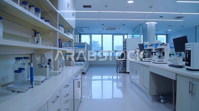 The concept of scientific research and development of samples through advanced modern devices in a medical research laboratory, the progress of biotechnology in scientific laboratories, a modern Saudi research center in the Kingdom of Saudi Arabia, medicine and health care
