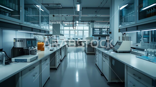 Medicine and health care, the concept of scientific research and development of samples through advanced modern devices in a medical research laboratory, the progress of biotechnology in scientific laboratories, a modern Saudi research center in the Kingdom of Saudi Arabia