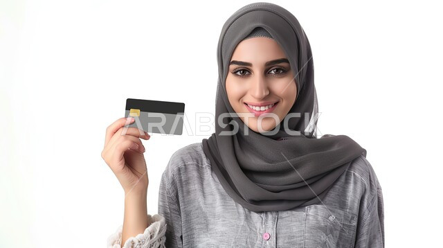 إيماءات وتعابير السعادة والسرور، إمكانية تسديد الفواتير بالبطاقات الإلكترونية، بورتريه مقرب لسيدة عربية خليجية سعودية محجبة تحمل بيدها بطاقة الصراف، الشراء والدفع عن طريق بطاقة الإئتمان البنكية، خلفية بيضاء