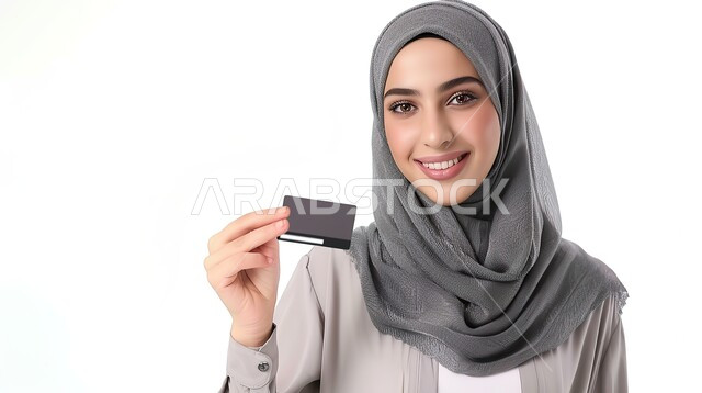 النظرالى الكاميرا بإيماءات وتعابير السعادة والسرور، إمكانية تسديد الفواتير بالبطاقات الإلكترونية، بورتريه مقرب لسيدة عربية خليجية سعودية محجبة تحمل بيدها بطاقة الصراف، الشراء والدفع عن طريق بطاقة الإئتمان البنكية، خلفية بيضاء