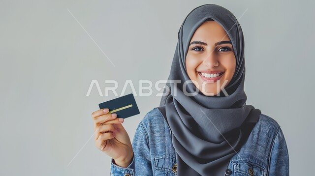الشراء والدفع عن طريق بطاقة الإئتمان البنكية، إيماءات وتعابير السعادة والسرور، إمكانية تسديد الفواتير بالبطاقات الإلكترونية، بورتريه مقرب لسيدة عربية خليجية سعودية محجبة تحمل بيدها بطاقة الصراف، خلفية رمادية