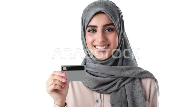 النظرالى الكاميرا بإيماءات وتعابير السعادة والسرور، إمكانية تسديد الفواتير بالبطاقات الإلكترونية، بورتريه مقرب لسيدة عربية خليجية سعودية محجبة تحمل بيدها بطاقة الصراف، الشراء والدفع عن طريق بطاقة الإئتمان البنكية، خلفية بيضاء