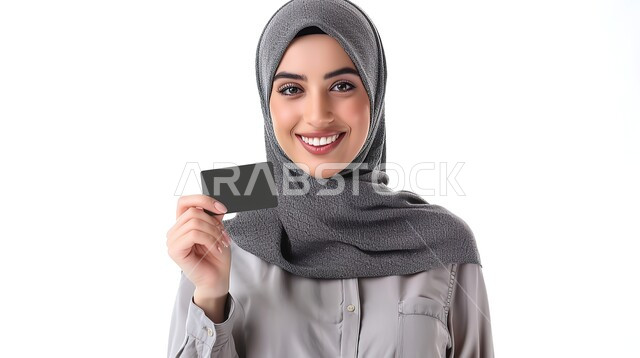 الشراء والدفع عن طريق بطاقة الإئتمان البنكية، إيماءات وتعابير السعادة والسرور، إمكانية تسديد الفواتير بالبطاقات الإلكترونية، بورتريه مقرب لسيدة عربية خليجية سعودية محجبة تحمل بيدها بطاقة الصراف، خلفية بيضاء