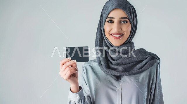 إيماءات وتعابير السعادة والسرور، إمكانية تسديد الفواتير بالبطاقات الإلكترونية، بورتريه مقرب لسيدة عربية خليجية سعودية محجبة تحمل بيدها بطاقة الصراف، الشراء والدفع عن طريق بطاقة الإئتمان البنكية، خلفية رمادية