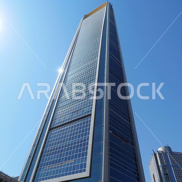  النمو و التقدم العمراني, الفن الهندسي المعماري على الطراز الحديث للأبراج وناطحات السحاب في المملكة العربية السعودية, صورة مقربة من الاسفل لبرج حديث في مدينة الرياض , المنشآت التجارية الفاخرة في وقت النهار