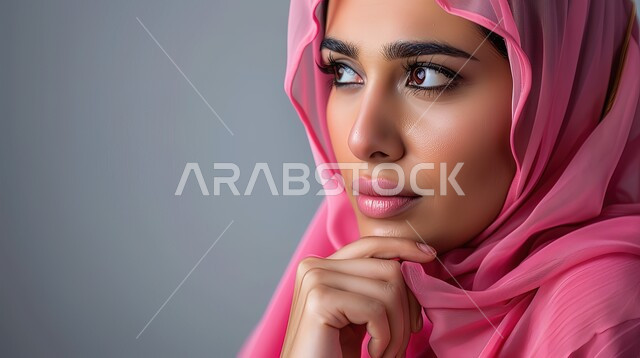 النظر إلى الأفق بعمق, التأمل والتفكير والتحليل، بورتريه مقرب لامرأة عربية خليجية سعودية محجبة تضع يدها على ذقنها وتنظر بشرود لإيجاد حل لشيء ما، اللون الوردي الجميل, خلفية رمادية