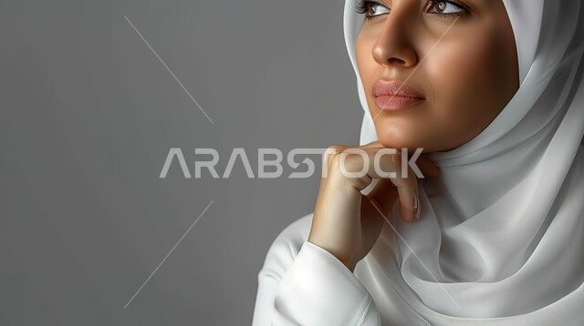 مفهوم الأنوثة والجمال, ملامح ناعمة ولطيفة لامرأة عربية خليجية سعودية محجبة, النظر إلى مكان بعيد بإيماءات التامل, بورتريه بخلفية رمادية