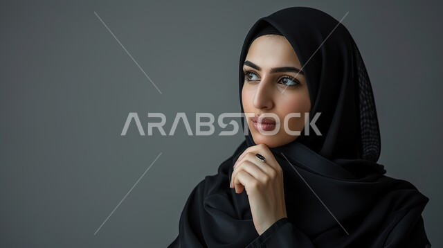 محاولة إيجاد حل لشيء ما, إيماءات الحيرة والقلق, التمعن والتركيز والتخطيط للمستقبل، بورتريه مقرب لامرأة عربية خليجية سعودية محجبة تضع يدها على ذقنها وتنظر بعيداً بتفكير وتأمل، النظر بشرود إلى مكان ما, خلفية رمادية