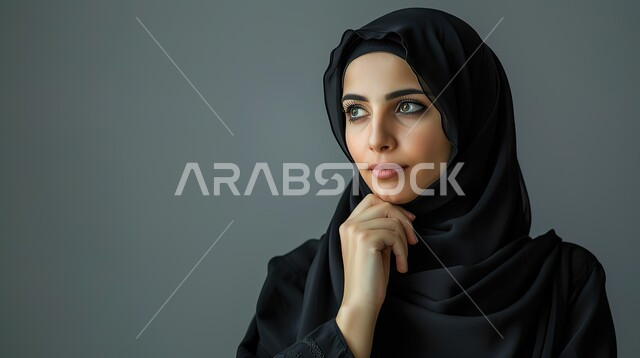إيماءات الحيرة والقلق, النظر بشرود إلى مكان ما, التمعن والتركيز والتخطيط للمستقبل، بورتريه مقرب لامرأة عربية خليجية سعودية محجبة تضع يدها على ذقنها وتنظر بعيداً بتفكير وتأمل، محاولة إيجاد حل لشيء ما، خلفية رمادية