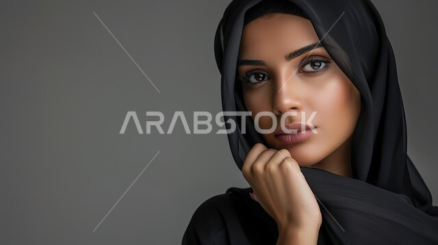 النظر إلى الكاميرا بإيماءات التركيز, وضع اليد أسفل الذقن, بورتريه لامرأة عربية خليجية سعودية محجبة, مفهوم النوثة والجمال، المرأة العربية والحجاب, خلفية رمادية