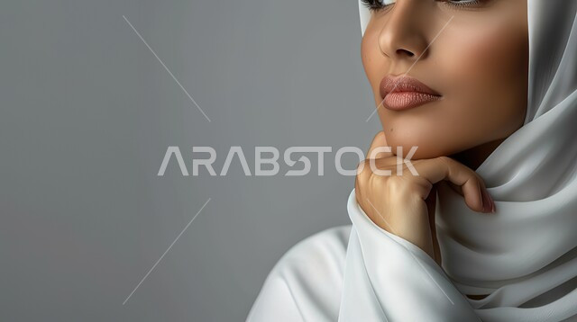 ملامح ناعمة ولطيفة, مفهوم الأنوثة والجمال, بورتريه  لامرأة عربية خليجية سعودية محجبة, وضع اليد تحت الذقن, المرأة والحجاب، بخلفية رمادية