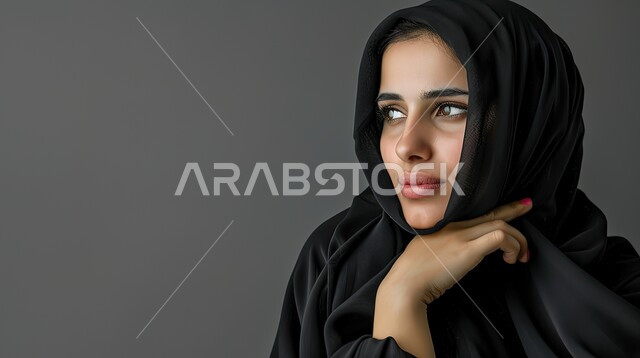 الخوف من المجهول والتخطيط للمستقبل, التأمل والتفكير بالنظر إلى مكان بعيد,  بورتريه لإمرأة عربية خليجية سعودية تنظر بعيداً بإيماءات الحيرة, الشرود في الفراغ, خلفية رمادية
