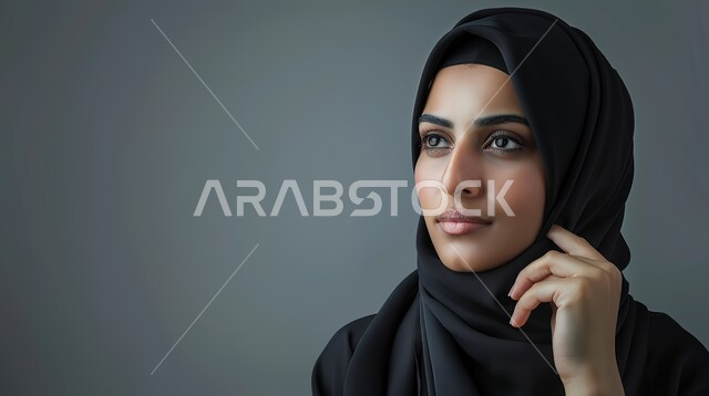 التأمل والتفكير بالنظر إلى مكان بعيد, الشرود في الفراغ, بورتريه لإمرأة عربية خليجية سعودية تنظر بعيداً بإيماءات الحيرة, الخوف من المجهول والتخطيط للمستقبل, خلفية رمادية
