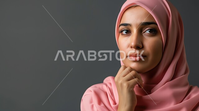 وضع اليد على الذقن, النظر إلى الكاميرا بشكل مباشر, بورتريه لامرأة عربية خليجية سعودية محجبة, المرأة العربية والحجاب, اللون الوردي اللطيف, خلفية رمادية
