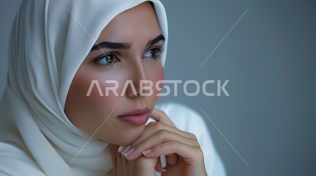 مفهوم الأنوثة والجمال, ملامح ناعمة ولطيفة لامرأة عربية خليجية سعودية محجبة, النظر إلى مكان بعيد بإيماءات التامل, بورتريه بخلفية رمادية