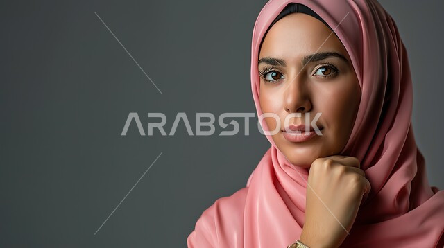 النظر إلى الكاميرا بشكل مباشر, وضع اليد على الذقن, بورتريه لامرأة عربية خليجية سعودية محجبة, المرأة العربية والحجاب, اللون الوردي اللطيف, خلفية رمادية