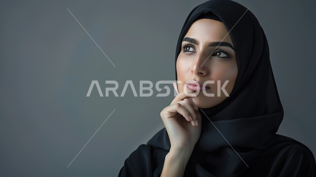 إيماءات التأمل والحيرة, التمعن والتركيز والتخطيط للمستقبل، بورتريه مقرب لامرأة عربية خليجية سعودية محجبة تضع يدها على ذقنها وتنظر بعيداً بتفكير وتحليل عميق، محاولة إيجاد حل لشيء ما، خلفية رمادية