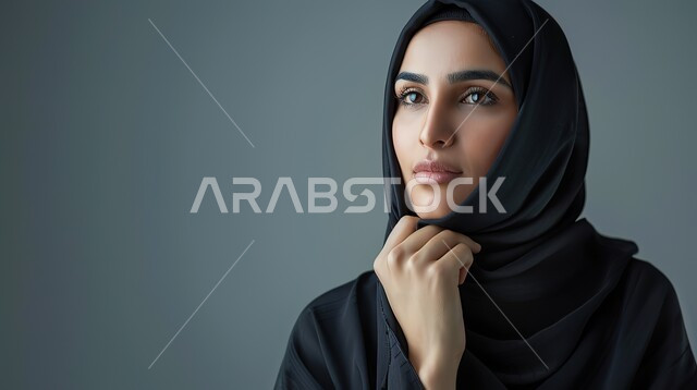 التمعن والتركيز والتخطيط للمستقبل، النظر بشرود إلى مكان ما, بورتريه مقرب لامرأة عربية خليجية سعودية محجبة تضع يدها على ذقنها وتنظر بإيماءات التفكير والتأمل، محاولة إيجاد حل لشيء ما، خلفية رمادية