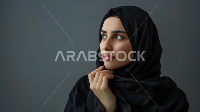 النظر بشرود إلى مكان ما, التمعن والتركيز والتخطيط للمستقبل، بورتريه مقرب لامرأة عربية خليجية سعودية محجبة تضع يدها على ذقنها وتنظر بإيماءات التفكير والتأمل، محاولة إيجاد حل لشيء ما، خلفية رمادية