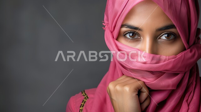 تغطية جزء من الوجه وإبراز نظرات العيون, بورتريه مقرب لامرأة عربية خليجية سعودية محجبة تنظر إلى الكاميرا بشكل مباشر, اللون الوردي الجميل, المرأة العربية والحجاب,  خلفية رمادية