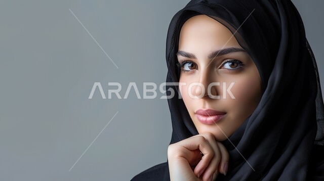 الملامح العربية الأصيلة, مفهوم الأنوثة والجمال, بورتريه لامرأة عربية خليجية سعودية محجبة تضع يدها أسفل ذقنها وتنظر إلى الكاميرا بإيماءات التركيز, المرأة العربية والحجاب, خلفية رمادية