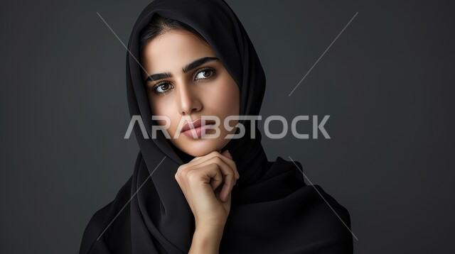 مفهوم الأنوثة والجمال, الملامح العربية الأصيلة,  بورتريه لامرأة عربية خليجية سعودية محجبة تضع يدها أسفل ذقنها وتنظر إلى الكاميرا بإيماءات التركيز, المرأة العربية والحجاب, خلفية رمادية
