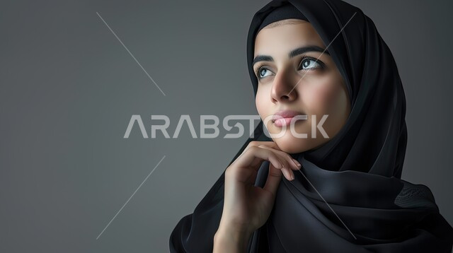 المرأة العربية والحجاب, الملامح العربية الأصيلة, مفهوم الأنوثة والجمال, بورتريه لامرأة عربية خليجية سعودية محجبة تضع يدها أسفل ذقنها وتنظر بعيداً بإيماءات التفكير العميق , خلفية رمادية
