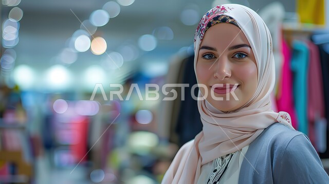 Empowering women to work in all fields in the Kingdom of Saudi Arabia, a veiled Saudi Gulf Arab businesswoman opening her own store, the role of women in developing Saudi society, a fashion and clothing store, keeping up with new fashions