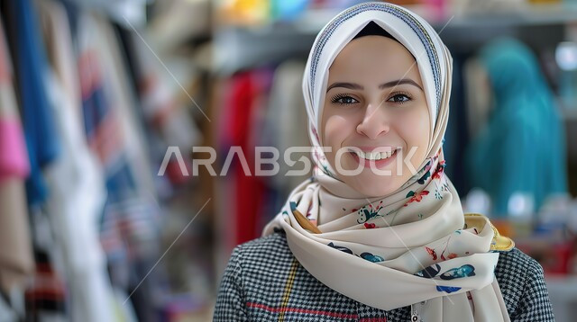دور المرأة في تنمية المجتمع السعودي, تمكين عمل النساء في كافة المجالات في المملكة العربية السعودية, سيدة أعمال عربية خليجة سعودية محجبة تقوم بافتتاح متجرها الخاص,  متجر أزياء وملابس, مواكبة الموضة الجديدة 
