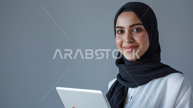 مفهوم إدارة المشاريع عن بعد، إستخدام اجهزة تقنية حديثة، بورتريه مقرب لسيدة أعمال عربية خليجية سعودية محجبة مبتسمة تقوم بانجاز مهام العمل عبر جهاز التابلت، النظر الى الكاميرا بايماءات السرور والسعادة، خلفية رمادية
