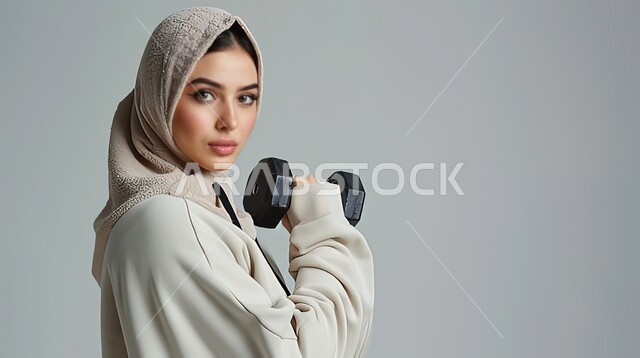 نشاط رياضي للمحافظة على صحة الجسم، ممارسة التمارين الرياضية، بورتريه مقرب لفتاة عربية خليجية سعودية ترتدي الحجاب وملابس الرياضة تقوم بتمارين رفع الأثقال (دمبلز)، حرق الدهون والسعرات الحراريه، خلفية رمادية