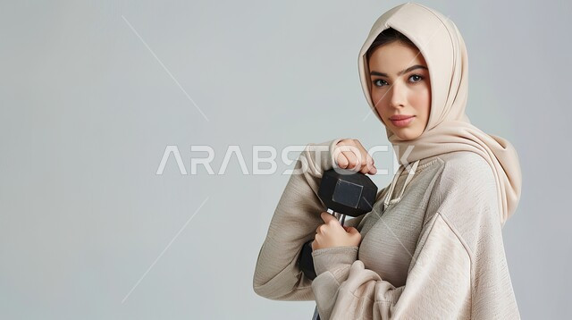 نشاط رياضي للمحافظة على صحة الجسم، ممارسة التمارين الرياضية، بورتريه مقرب لفتاة عربية خليجية سعودية ترتدي الحجاب وملابس الرياضة تقوم بتمارين رفع الأثقال (دمبلز)، حرق الدهون والسعرات الحراريه، خلفية رمادية