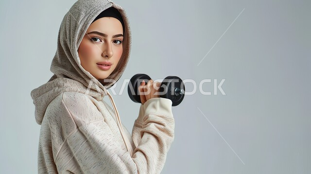 ممارسة التمارين الرياضية، نشاط رياضي للمحافظة على صحة الجسم، بورتريه مقرب لفتاة عربية خليجية سعودية ترتدي الحجاب وملابس الرياضة تقوم بتمارين رفع الأثقال (دمبلز)، حرق الدهون والسعرات الحراريه، خلفية رمادية